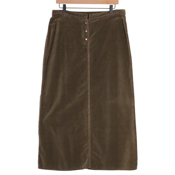 SUNDANCE Velvet Midi Skirt Sz 12 Brown Button Front 100% Cotton Casual Comfort - Picture 1 of 11